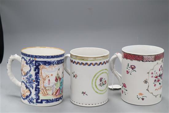 Two Chinese export famille rose mugs, Qianlong and a Chinese export Imari bulle shaped teapot and cover, Qianlong